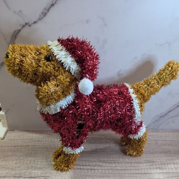 Festive Tinsel Dog With Santa Outfit Christmas Decoration - Picture 2 of 11